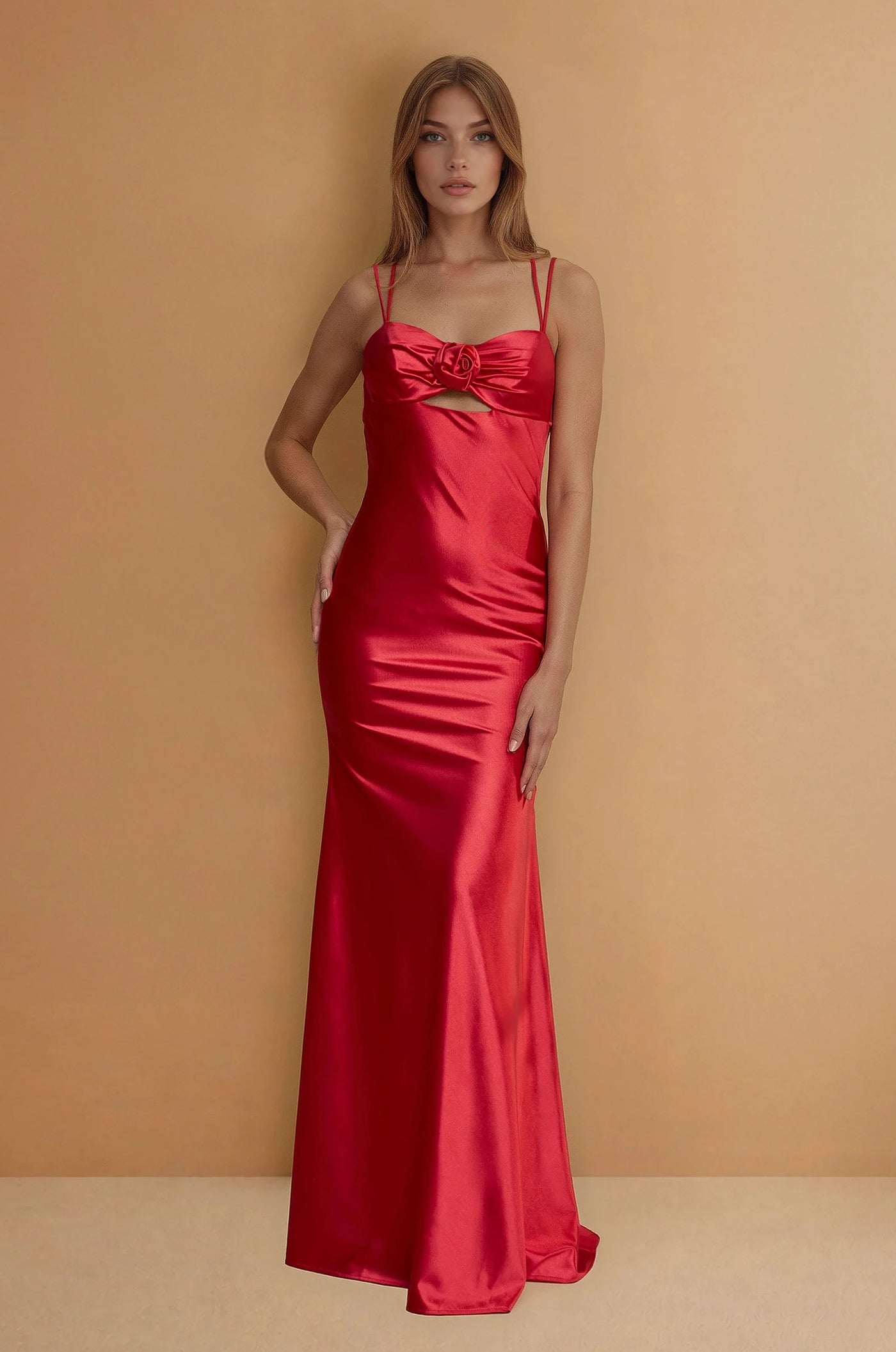 Red floor-length satin prom dress – front view