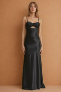 Black floor-length satin prom dress – front view