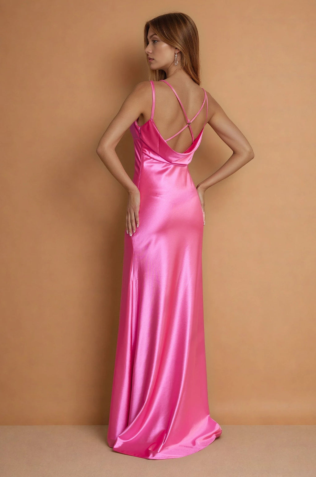 Pink floor-length satin formal dress – full-length view