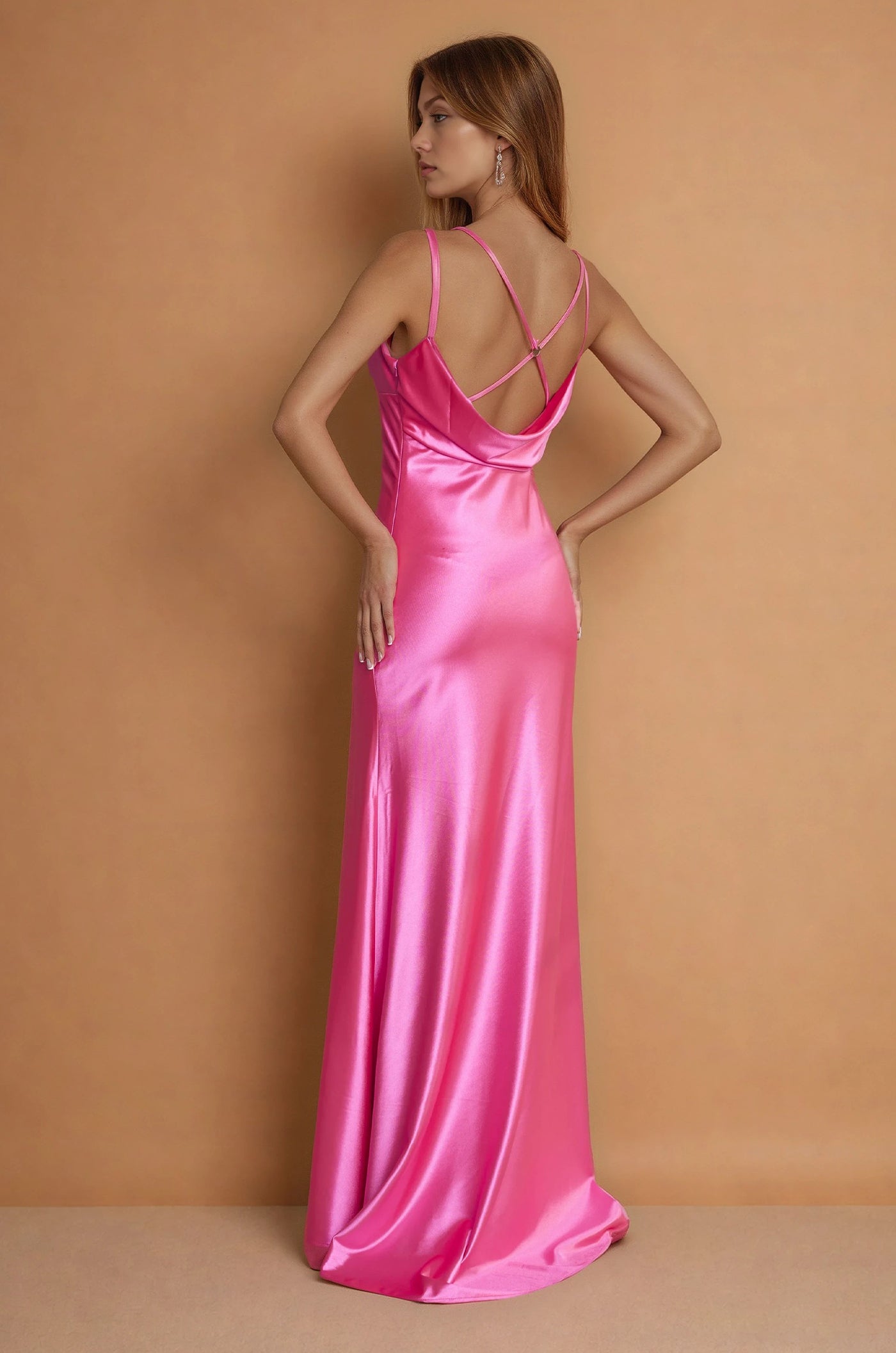 Pink floor-length satin formal dress – full-length view