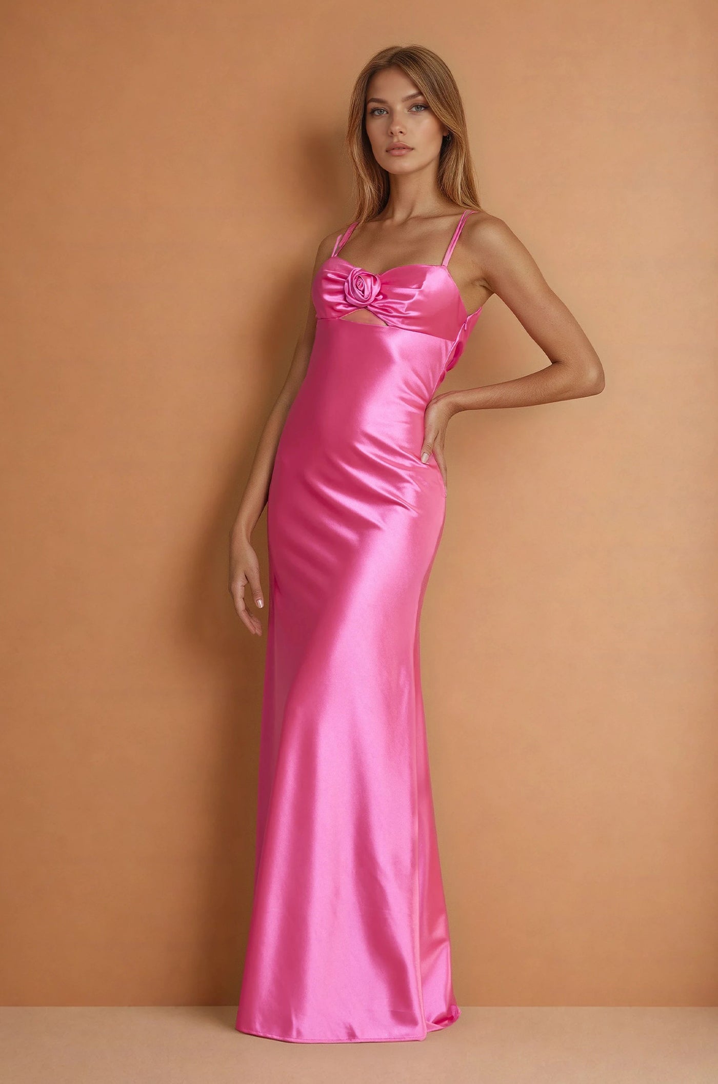 Pink floor-length satin prom dress – front view