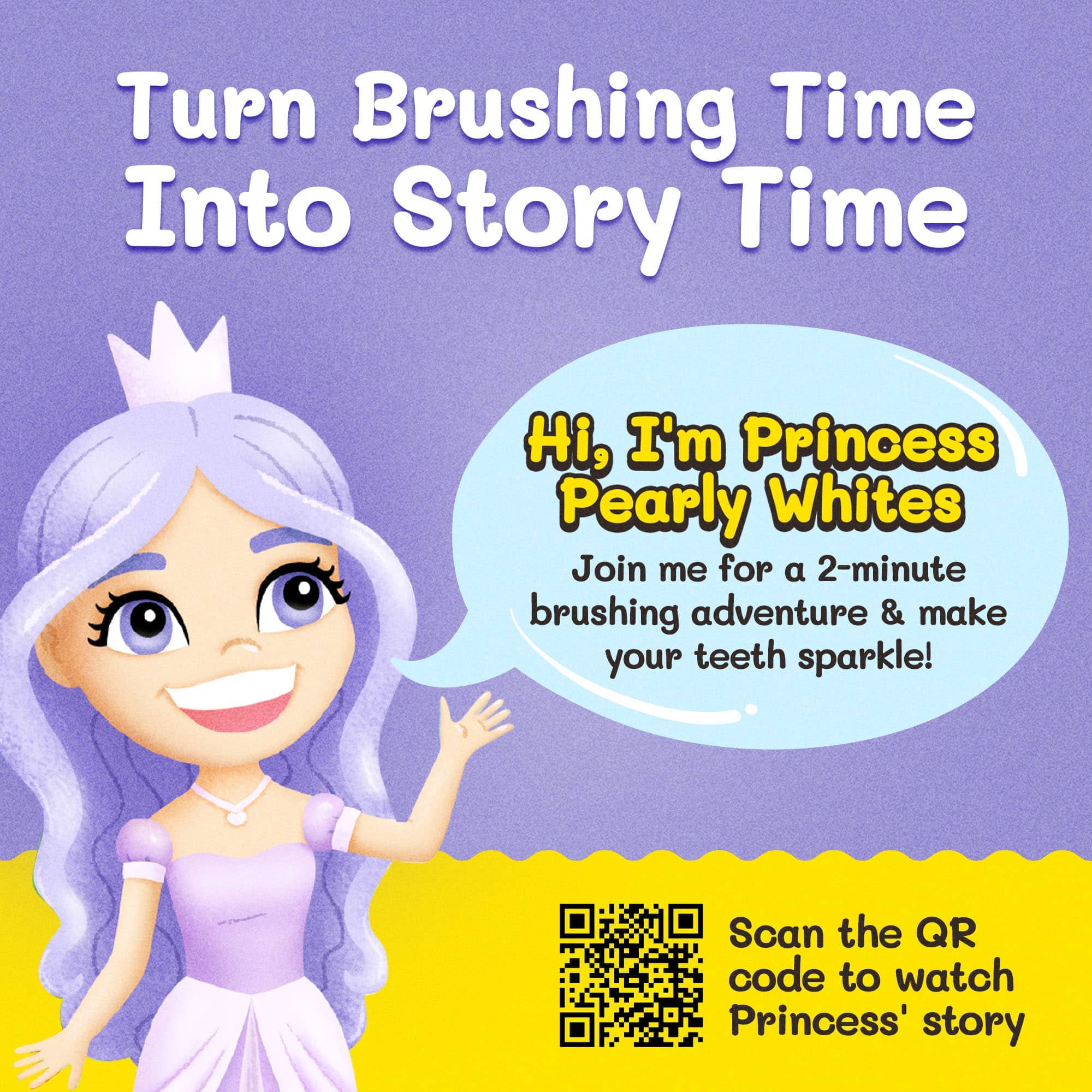 Princess Pearly Whites brushing story graphic for kids toothbrush set