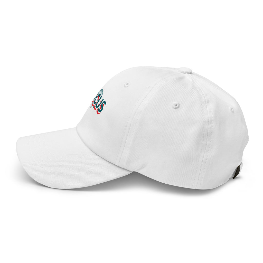 White FOCUS embroidered dad hat side view