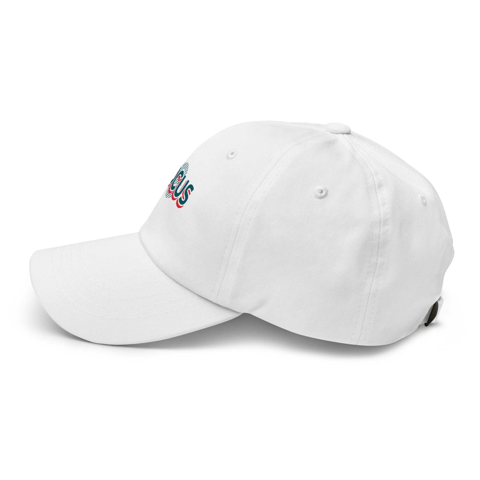 White FOCUS embroidered dad hat side view