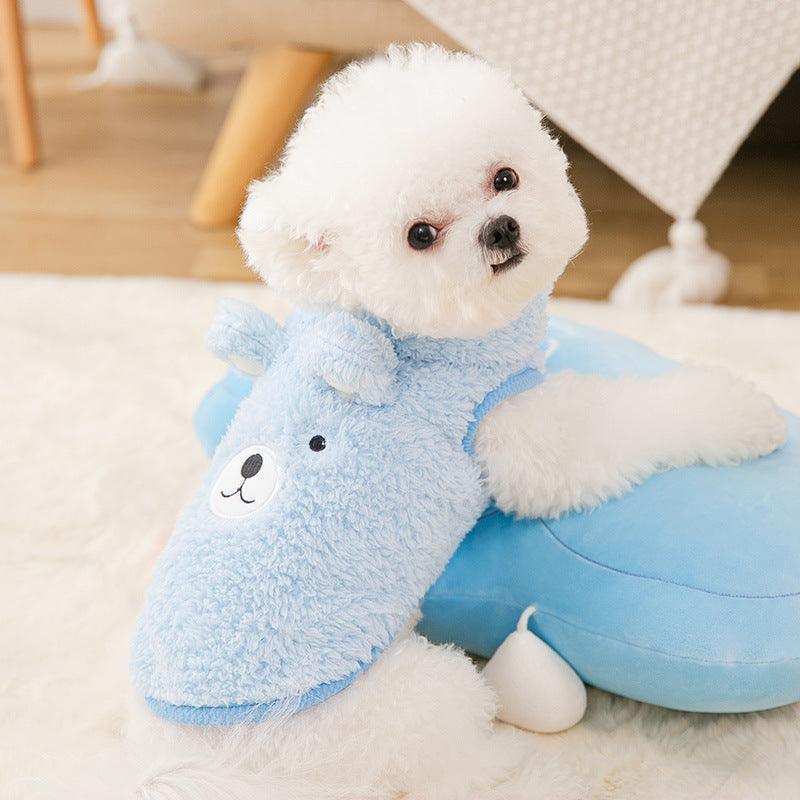 Dog wearing Cozy Bear blue fleece pet outfit