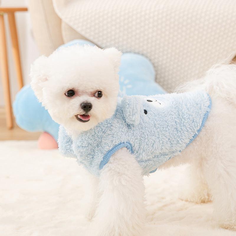 Dog wearing blue Cozy Bear fleece outfit - lifestyle view 