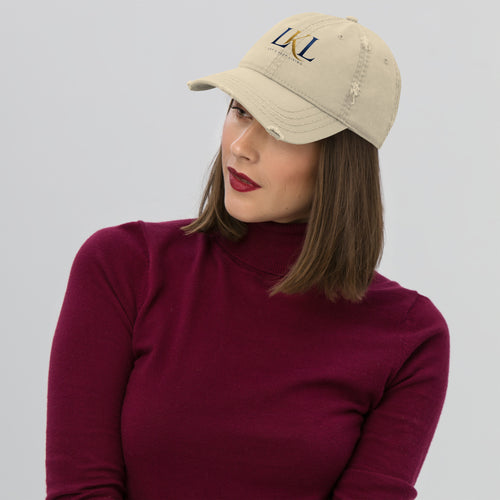 Woman wearing a vintage distressed dad hat adjustable casual baseball cap