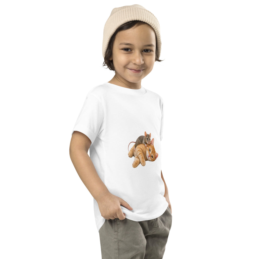 Toddler wearing soft white Bella + Canvas animal graphic tee