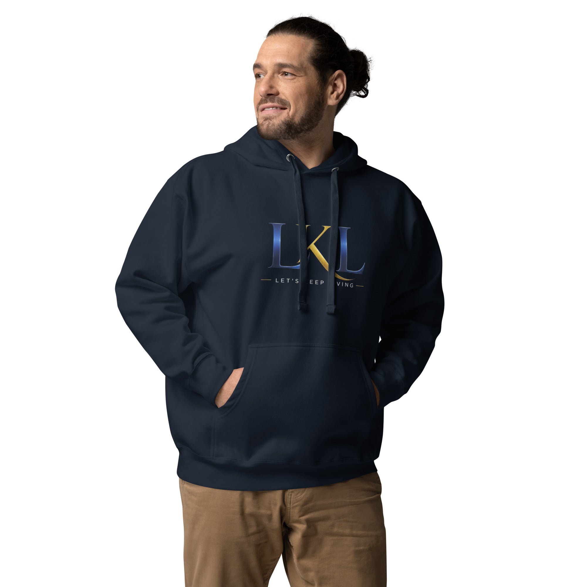 Navy Blazer unisex classic hoodie on model – comfortable everyday sweatshirt