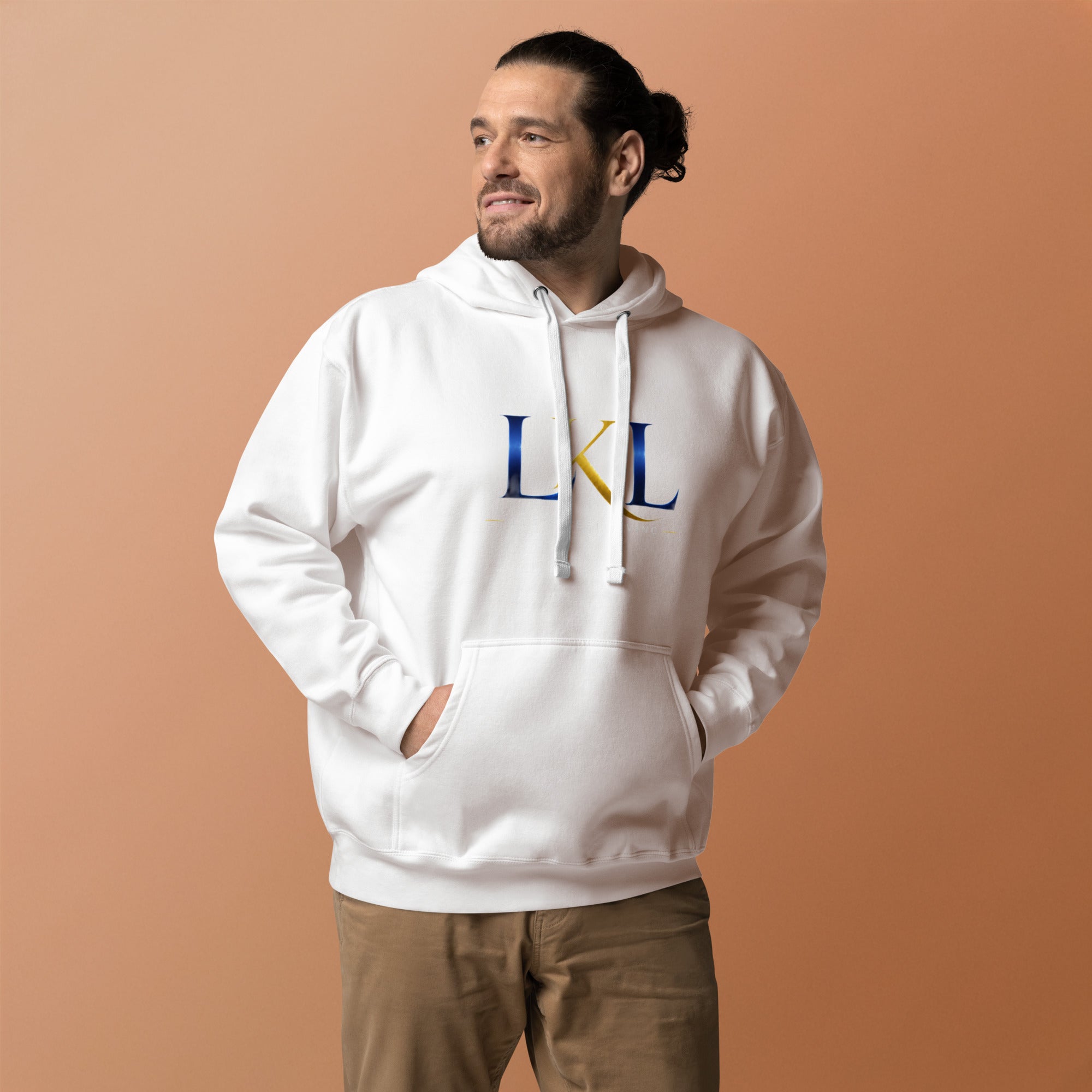 White unisex classic hoodie on model – casual everyday sweatshirt