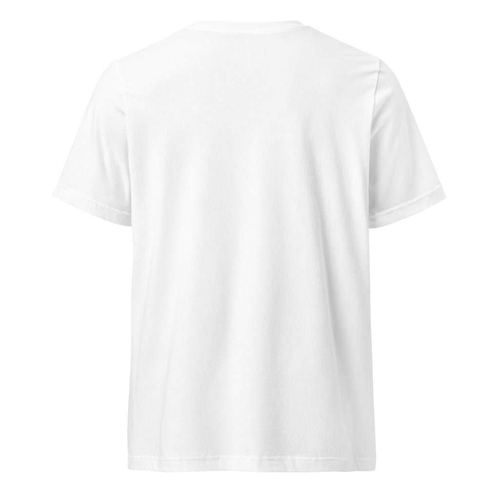 Back view of white unisex V-neck T-shirt