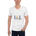 White unisex V-neck T-shirt with Let's Keep Living LKL logo 