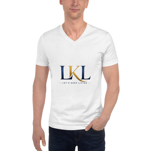 White unisex V-neck T-shirt with Let's Keep Living LKL logo 