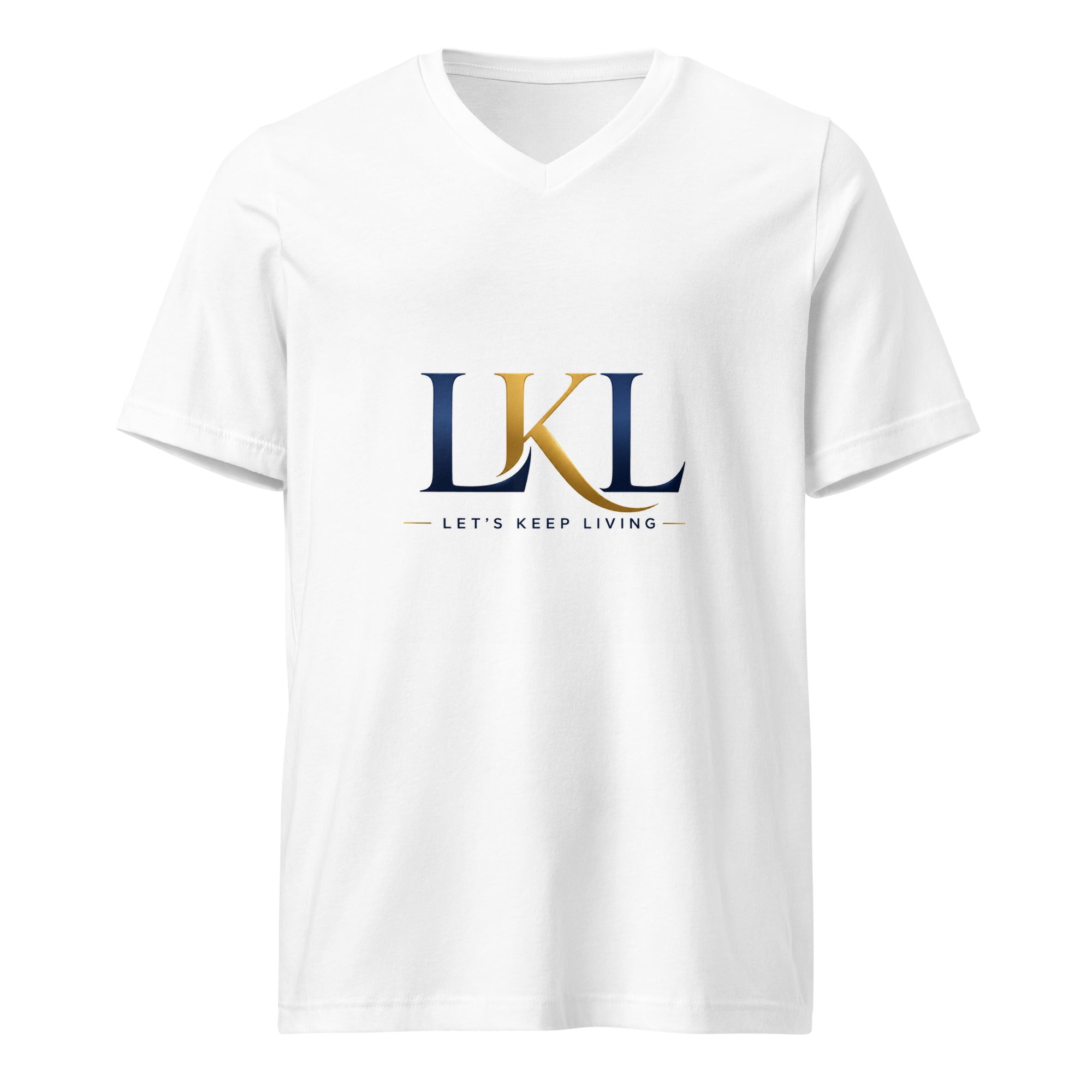 White unisex V-neck T-shirt with Let's Keep Living LKL logo