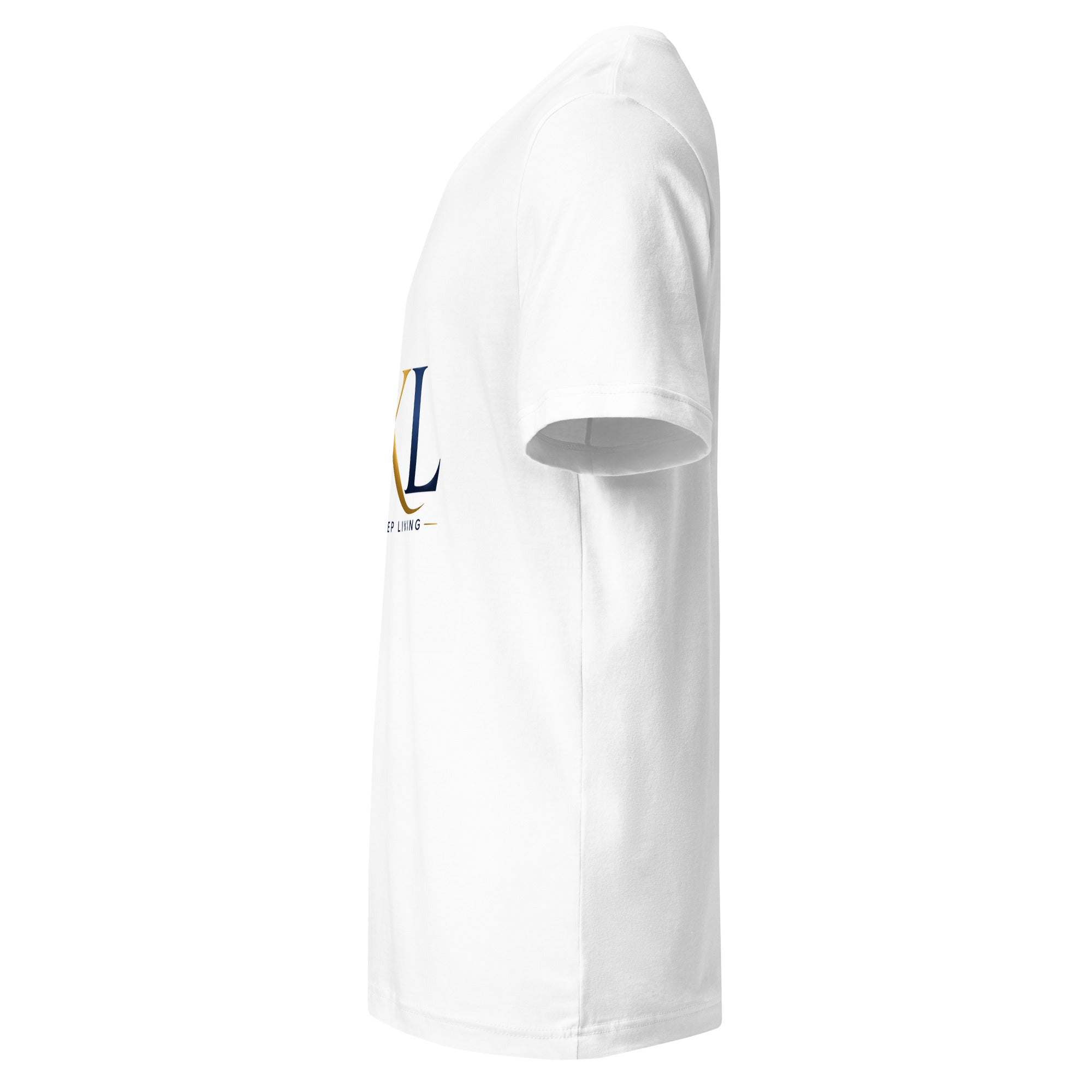 Side view of white unisex V-neck T-shirt with Let's Keep Living LKL logo