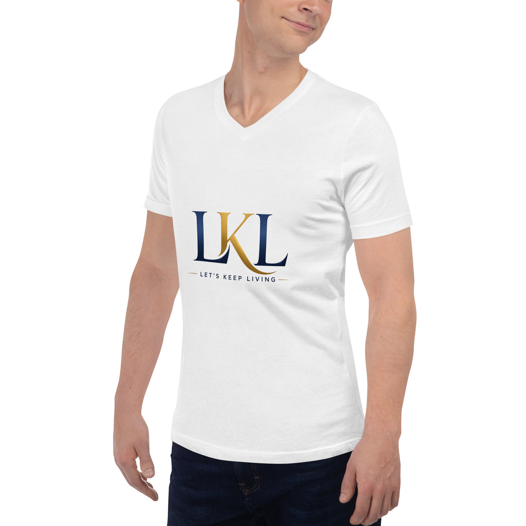 Male model wearing white unisex V-neck T-shirt with Let's Keep Living LKL logo