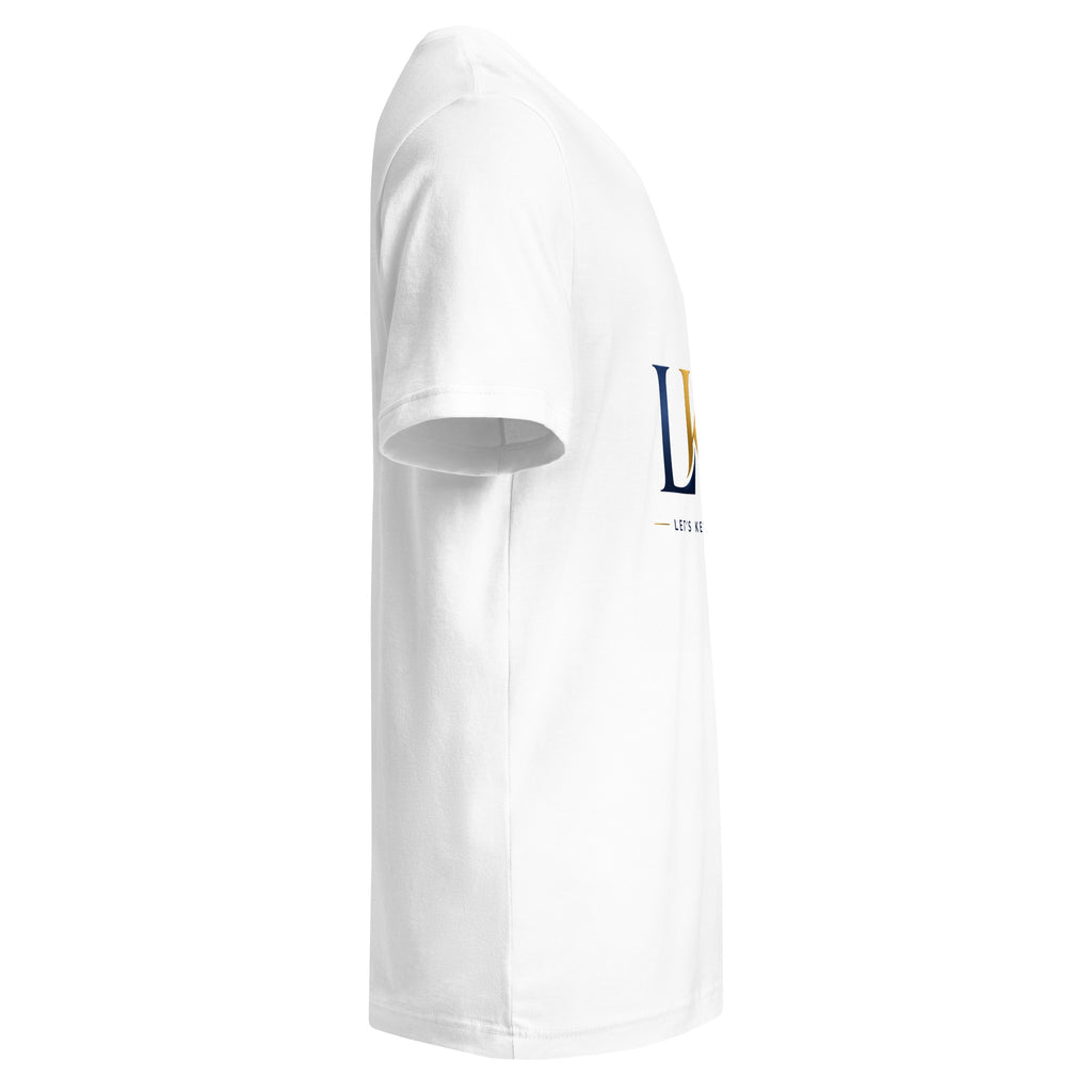 Side view of white unisex V-neck T-shirt with Let's Keep Living LKL logo