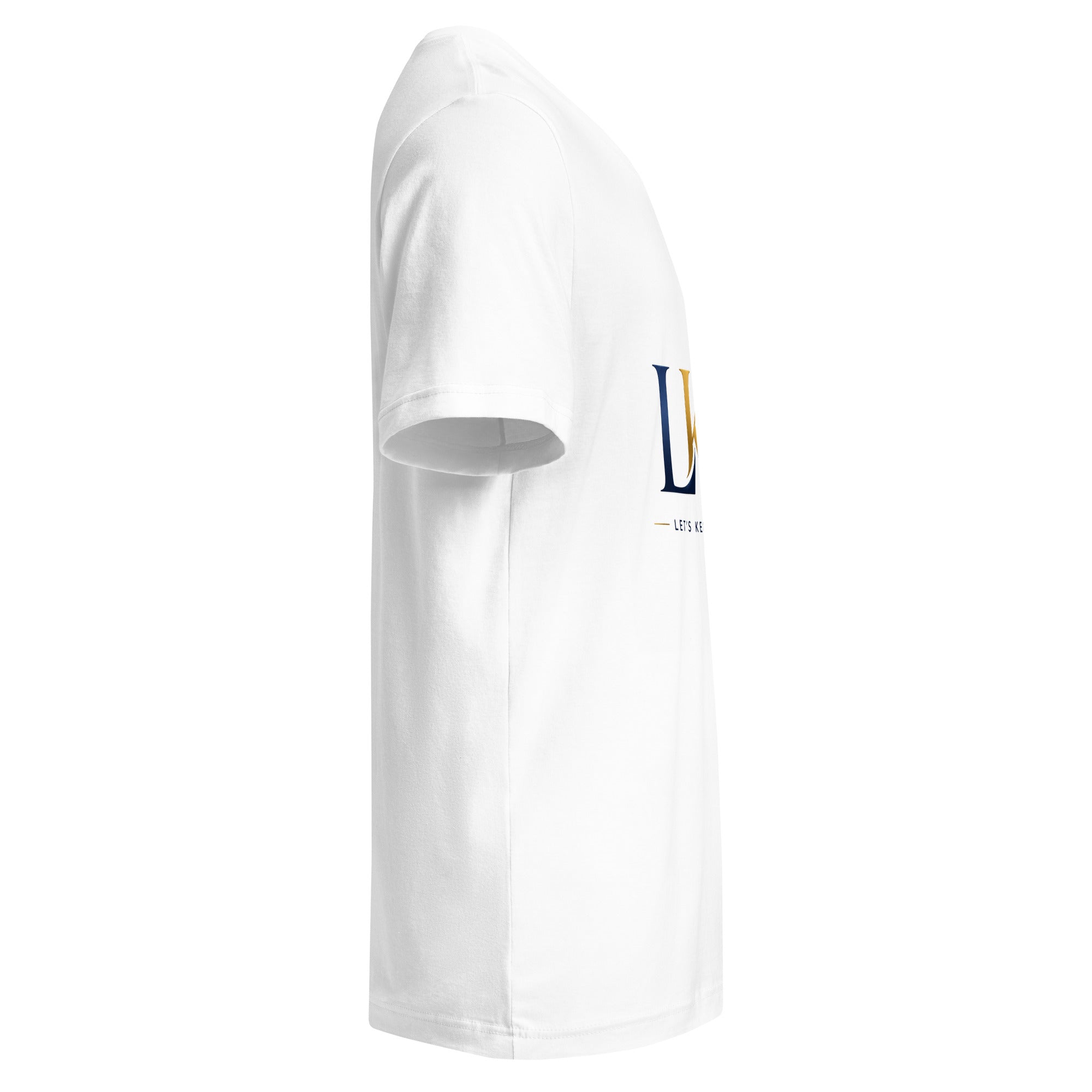 Side view of white unisex V-neck T-shirt with Let's Keep Living LKL logo