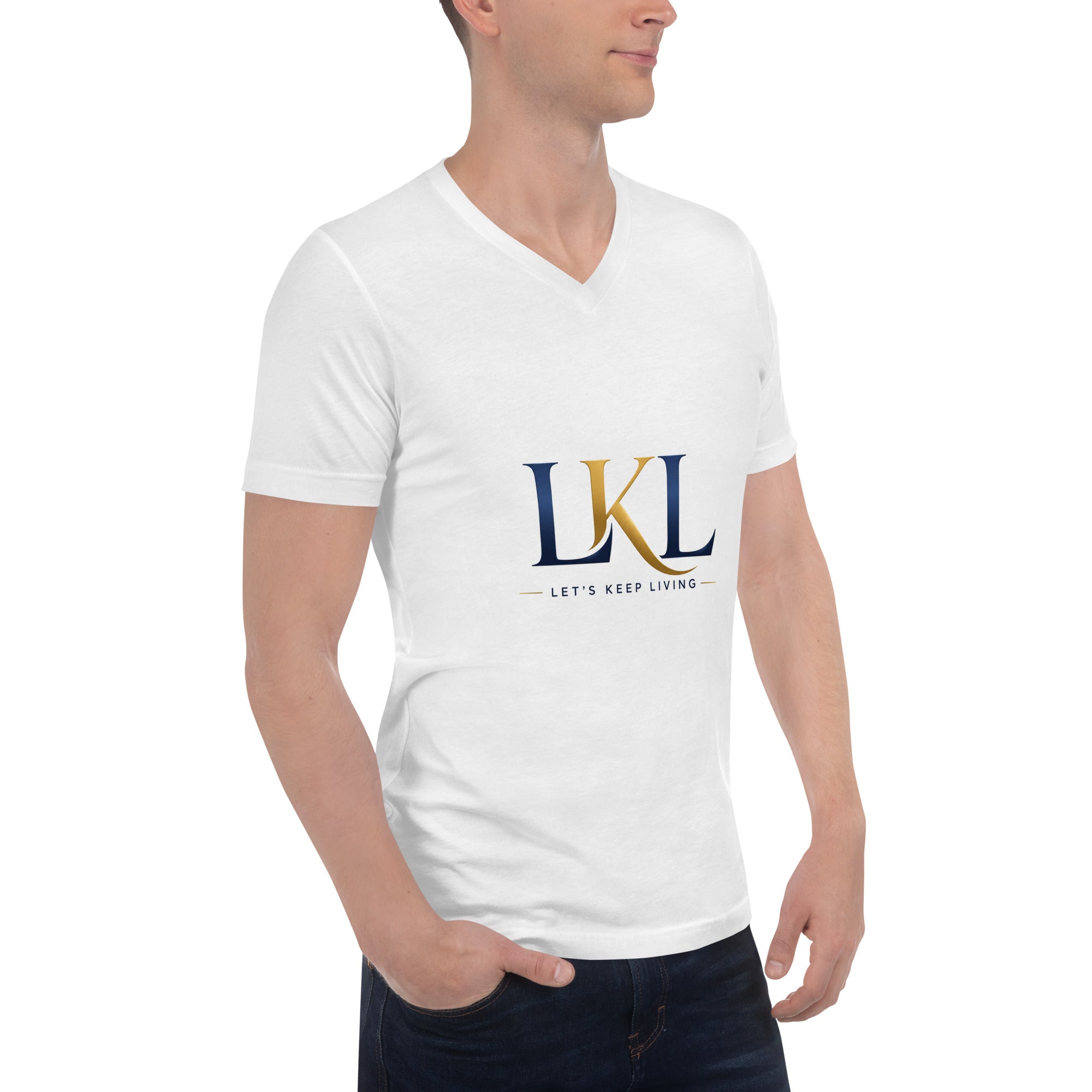 Model wearing white unisex V-neck T-shirt with Let's Keep Living LKL logo