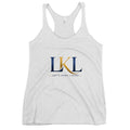 White women’s racerback tank top with Let’s Keep Living LKL logo