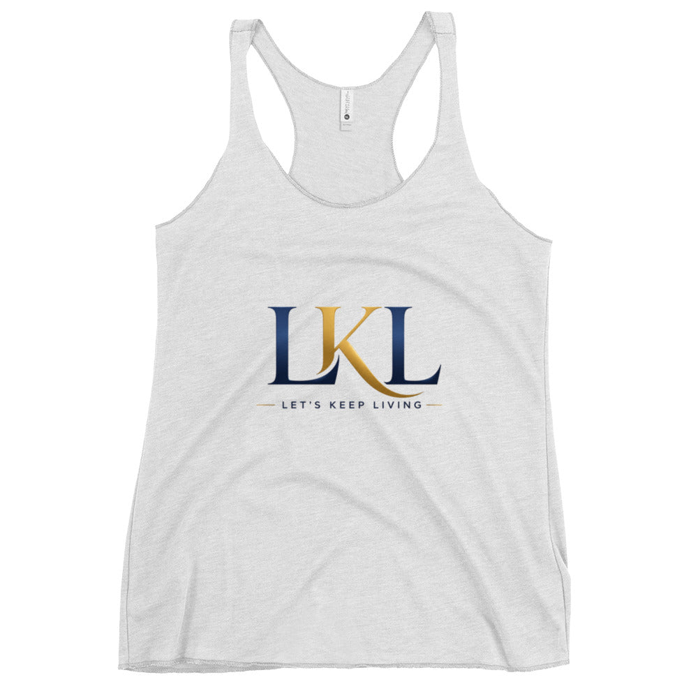 White women’s racerback tank top with Let’s Keep Living LKL logo